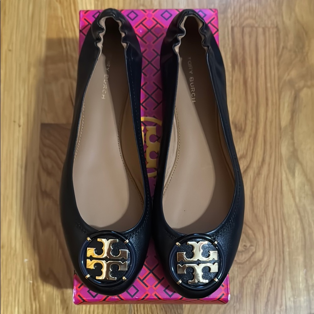 Tory Burch Multi Logo Ballet Goat Black Leather Flats